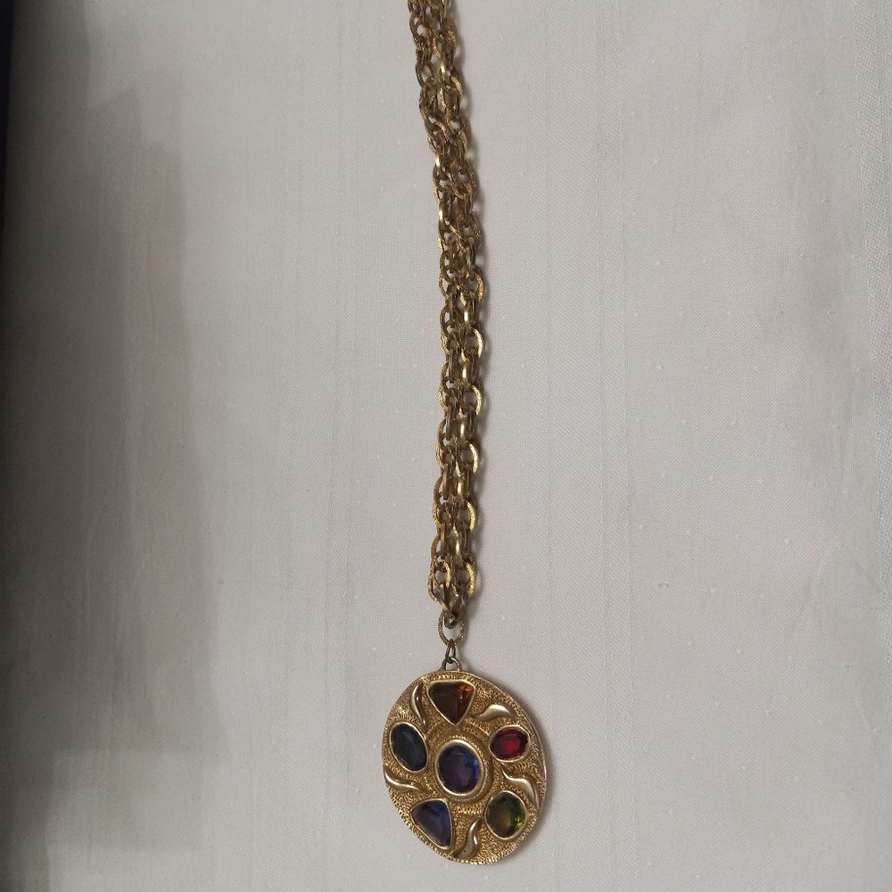 Large Vintage Pendant Necklace with 6 Multi-Colored Rhinestones - Picture 5 of 7